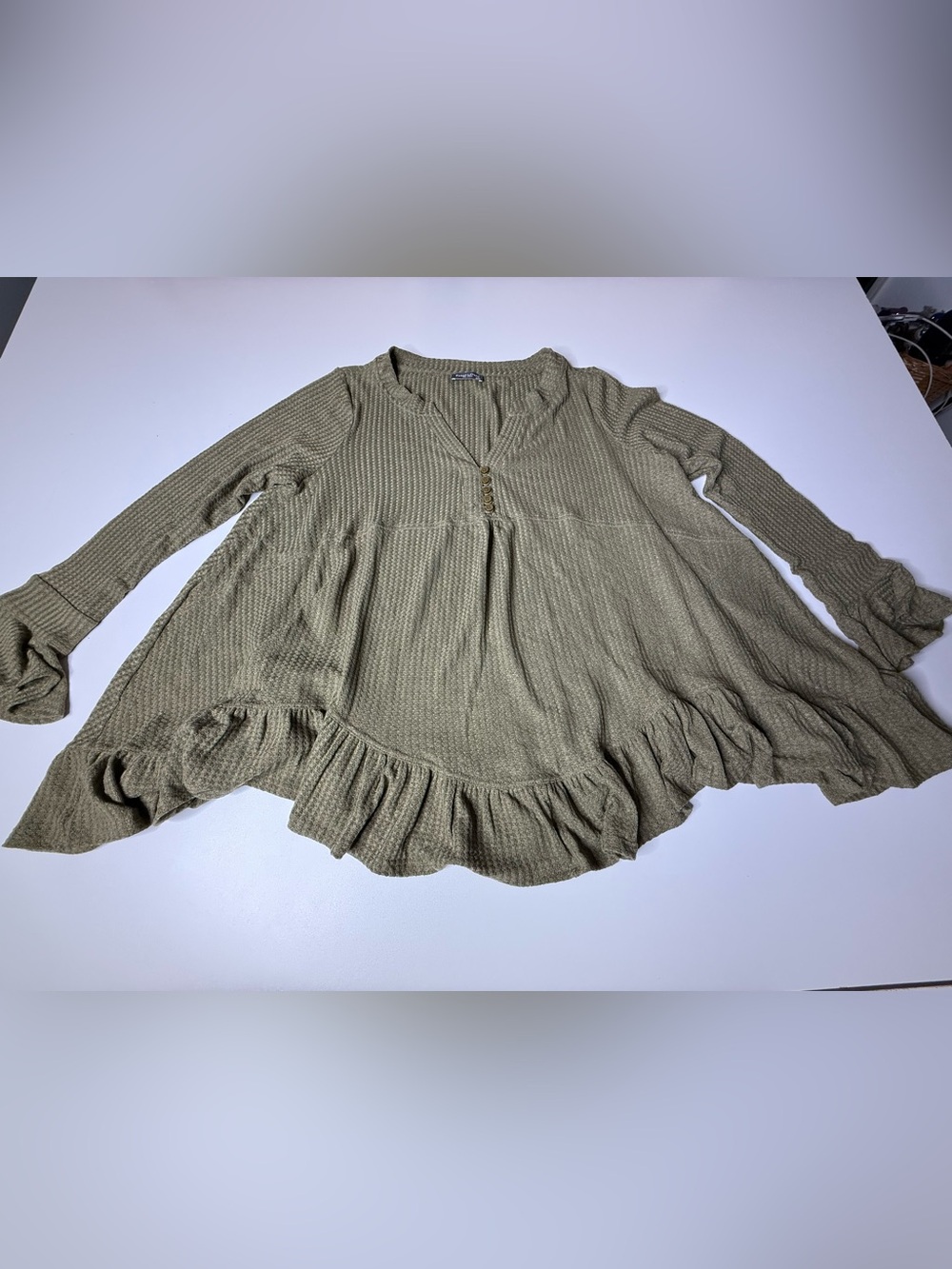 Plus Olive Green Ruffle Hem Henley Top - 740-741 - Picture 2 of 8
